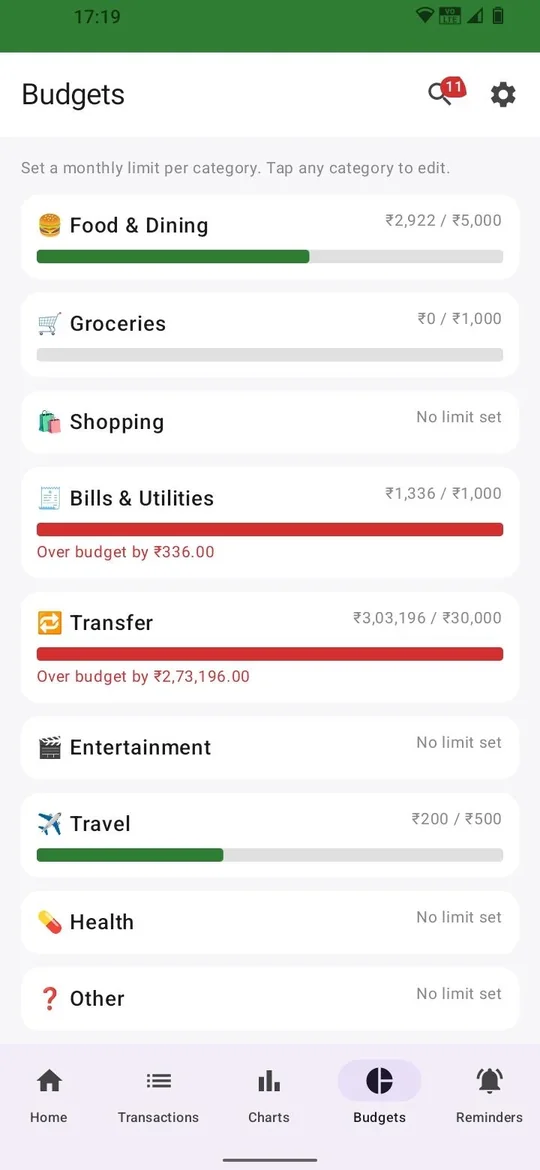 Budgets screen showing a monthly limit set per category with over-budget warnings
