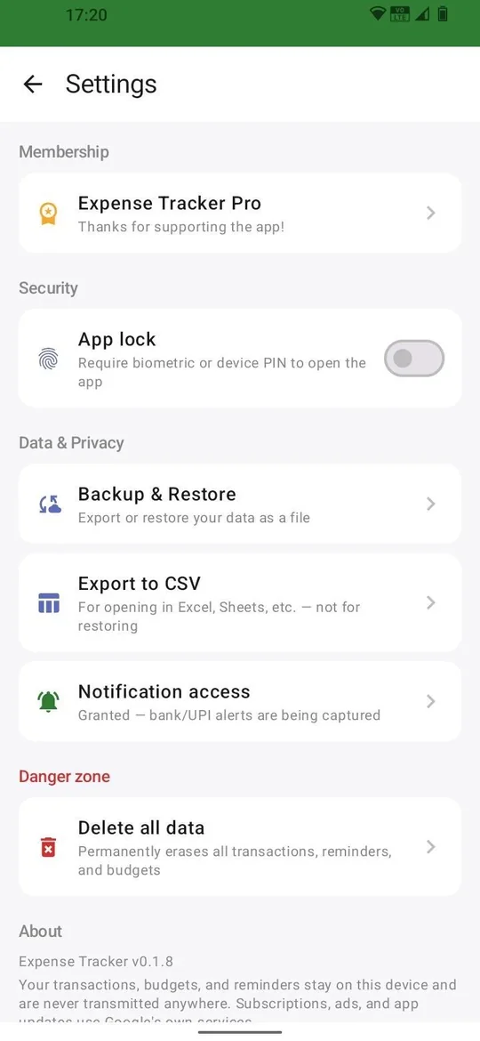 Settings screen showing backup, CSV export, notification access, and delete all data